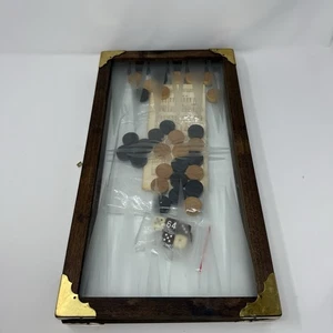 Juego de Backgammon Vintage con Estuche con Marco de Madera y Latón y Vidrio Grabado - Imagen 1 de 13
