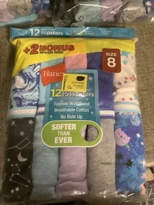 12 ok Hanes Girls' Size 8 Tagless Hipster Panties Multi Color & Design Soft - Picture 1 of 2