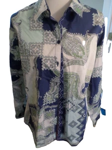 Ladies Size Large Chico's 2 Blue & Green on White 100% Cotton No Iron Blouse - Picture 1 of 4
