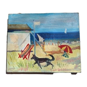 peinture ancienne huile sur toile Bord De Mer Scène Personnage , Plage Tableau - Photo 1 sur 9