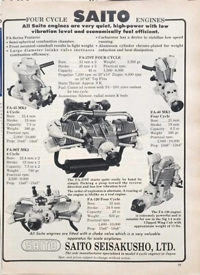 Saito RC 4 Cycle BB Engines Vintage 1984Print Ad Wall Decor Lot of 2 - Image 1 of 2