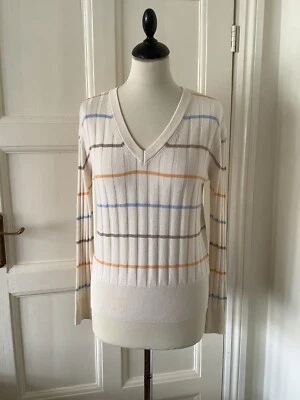 BNWOT M&S Cream Ribbed Striped V-Neck Long Sleeve Linen Blend Jumper S/8-10 - Image 1 of 4
