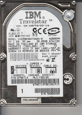 IC25N030ATDA04-0 Pn 07N6714 MLC F80199 IBM 30GB IDE 2.5 Hard Drive Very Good - Image 1 of 3