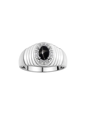 Rylos 925 Sterling Silver Black Star Sapphire & Diamond Halo Gem Ring Size 8-13 - Image 1 of 4