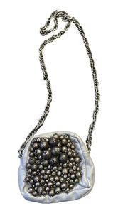 Antik Batik Gray Leather Boho Fashionable Beaded Mini Bag with Chain Strap - Picture 1 of 11