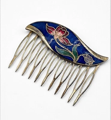 Vintage Cloisonné Hair Comb Enamel Floral Rose Flower Goldtone Ornate Decorative - Image 1 of 4