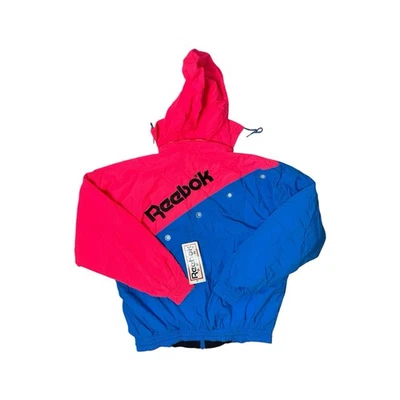 Reebok Sport Women's Large Neon Blue Pink Windbreaker Jacket W/Hood Vintage New - Image 1 of 4