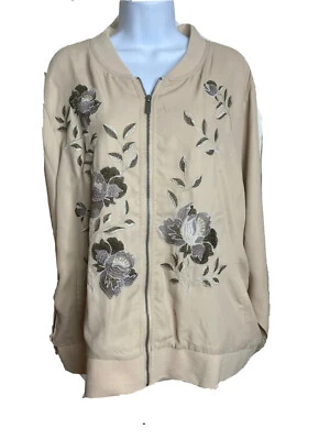 Chaqueta Diane Gilman Marrón Floral Bordada 100% Poliéster Cremallera Frontal Talla 1X Foto 1 de 4