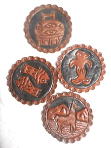Peruvian Leather Coasters Round Tooled Edges Mayan Folk Art Set (4) Embossed - Picture 1 of 12