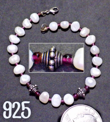 925 Sterling Silver Genuine Baroque White Pearl & Pink Bead Bracelet  7.25" - Imagem 1 de 4