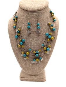 Coldwater Creek Antique Bronze 3 Strand Green & Blue Acrylic Bead Necklace & Ear - Picture 1 of 13