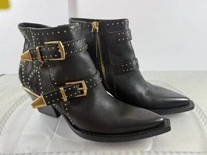 Dolce Vita Ronnie Black Ankle Boots Gold Studs Buckles Western Heels 6.5 Pointed - Picture 1 of 7