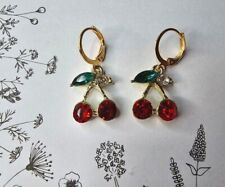 Diamante Red Cherry Huggie Leverback Fashion Earring Gold