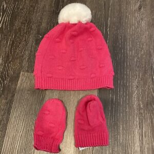 Baby gap Pink  infant hat With Pom Pom and glove set Size 6-12 Month EUC