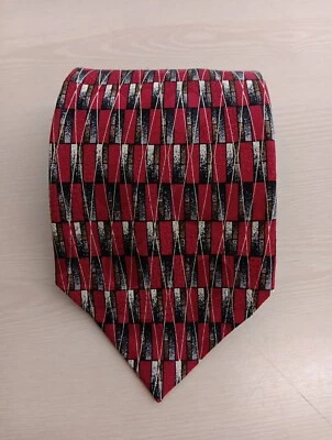 Martin Wong Napa CA Mens Neck Tie All Silk Red Gray Geometric Made USA 59"x4" - Image 1 of 4