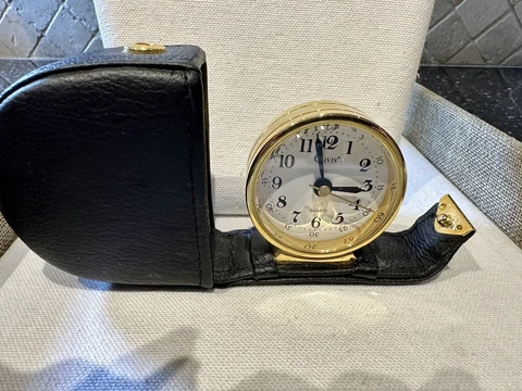 Orvis Gold Tone Quartz Travel Alarm Clock in Black Case Cover