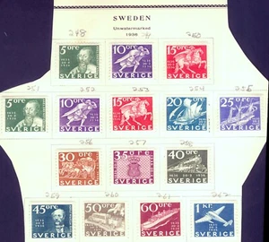 Sweden 1936 Scott 248-262 M H VF coil and perf 10 Lot of 15 - Picture 1 of 5