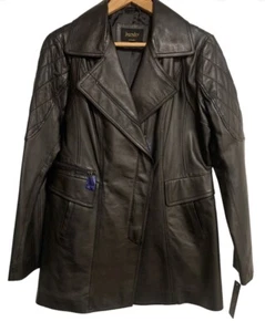 Cappotto pelle bucato nero zip davanti trapuntato maniche tasche NUOVO donna taglia L - Foto 1 di 10