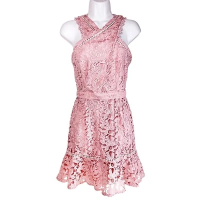 Vestido ADELYN RAE Rosa Encaje Superpuesto Halter Cuello Crochet XS Fiesta de Verano Foto 1 de 4