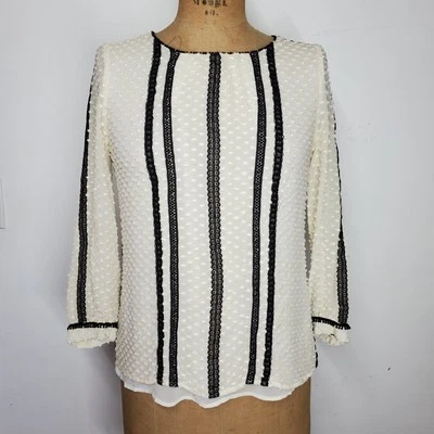 J. Blusa Crew Talla 2/XS NUEVA Crema Seda Negra Encaje Manga 3/4 Forrada a Lunares Foto 1 de 4