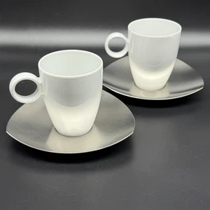 2 THOMAS VARIO WHITE Mugs and Triangle Stainless Steel Saucers Rosenthal Germany - Picture 1 of 23