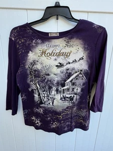 Vintage 3/4 Arm Happy Holidays dunkel lila T-Shirt mit Verzierung X-Large - Bild 1 von 4