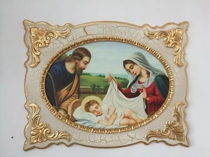 QUADRO SACRA FAMIGLIA CAPEZZALE CORNICE LEGNO DECORO PANNA E ORO ARREDO CASA - Imagen 1 de 1