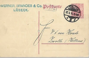 GERMANY 10pf POSTAL STATIONERY P/C FROM LUBECK TO NETHERLANDS MY REF 1647 - Picture 1 of 2