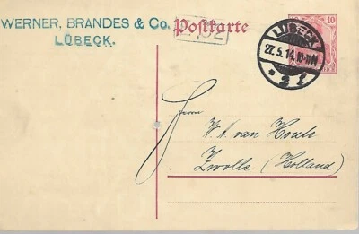 GERMANY 10pf  POSTAL STATIONERY P/C FROM LUBECK TO NETHERLANDS MY REF 1647 - Image 1 of 2