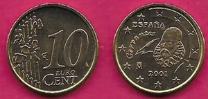 SPAIN 10 EURO CENT 2001 UNC 1st TYPE,1st MAP,HEAD OF MIGUEL CERVANTES THE SPANIS - Picture 1 of 1