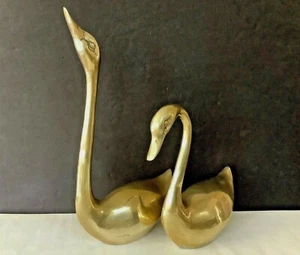 Pair Vintage Solid Brass Decorative Swans 10-1/2” & 16” Tall Figurines Sculpture - Picture 1 of 12