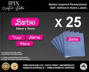 25 x Barbie Inspired Kids School Stationary Name Labels | 50mm x 15mm | Book | P - Foto 1 di 1