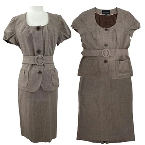 Bananna Republic Wool Belted Blazer Pencil Skirt Stretch Brown Herringbone Sz 10 - Picture 1 of 12