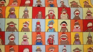 Moda Fabric FQ Cotton Quilt Rainbow Red Blue Funky Sock Monkey Baby KID Block - Picture 1 of 5