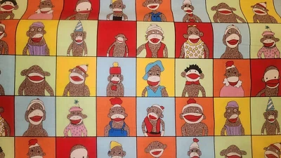 Moda Fabric FQ Cotton Quilt Rainbow Red Blue Funky Sock Monkey Baby KID Block - Image 1 of 4
