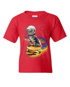 Cat Flying a Rainbow Burger Youth T-Shirt Funny Astronaut Kitten Space Kids Tee - Picture 1 of 8