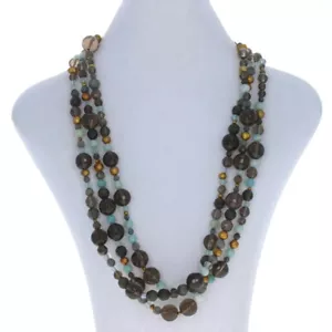 Yellow Gold Labradorite Quartz Pearl Triple Strand Bead Necklace 14k Adjustable - Picture 1 of 7