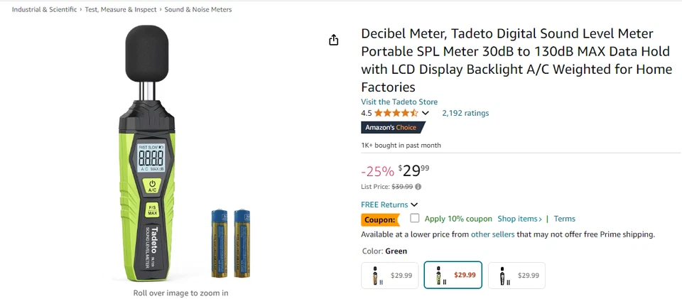 Decibel Meter, Tadeto Digital Sound Level Meter Portable SPL Meter 30dB to 130dB - Image 1 of 1