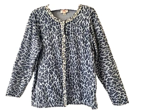 Quacker Factory Embellished Cardigan M Long slv Blue/Gray Animal Print Jeweled - Picture 1 of 5