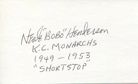 Neale Henderson Negro League Baseball Kansas City Monarchs Signed Autograph Cover