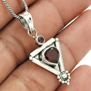 Pear Natural Garnet Handcrafted Trendy Daughter Boho Pendant Jewelry 925 Silver - Picture 1 of 7