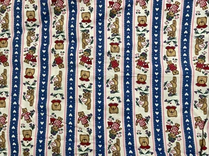 Vtg Cotton Fabric White Teddy Bears Hearts Aleenes Cinnamon Street Stripes 9 Yds - Picture 1 of 10