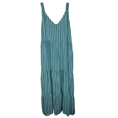 Kaktus Maxi Dress XXL Green White Striped Sleeveless Tiered Casual Summer Rayon - Image 1 of 4