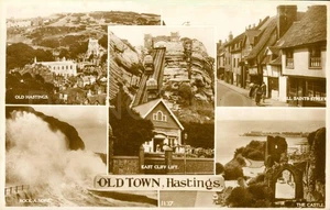 RPPC Postcard Hastings Vintage Landmarks East Sussex England - Picture 1 of 2