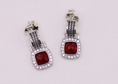 David Yurman Sterling Silver 7mm Albion Drop Earrings Garnet with Diamonds - Image 1 of 4