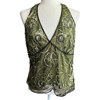 Vtg Y2K Marina Top Green Halter Whimsigoth Fairygrunge Large Fairycore Boho - Image 1 of 4