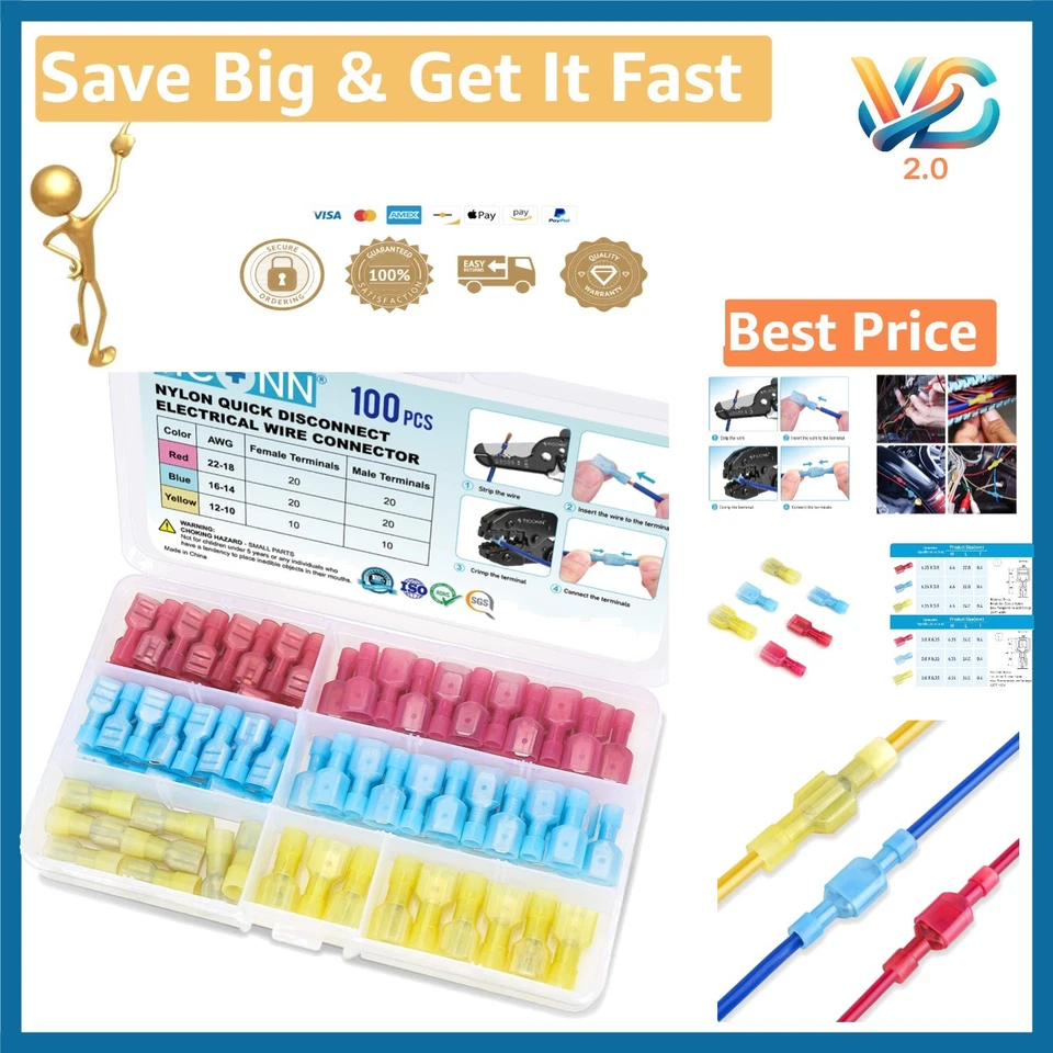 Nylon Spade Quick Disconnect Connectors Kit Electrical Insulated Terminals 100pc
