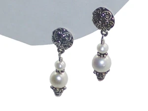 Pearl Bali Earrings .925 Polished Oxidized Sterling Silver & Freshwater - Picture 1 of 9