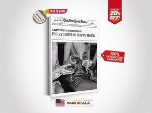 Trendy New York Newspaper Happy Hour Poster Retro Fashion Bar Canvas Wall Art - Picture 1 of 12