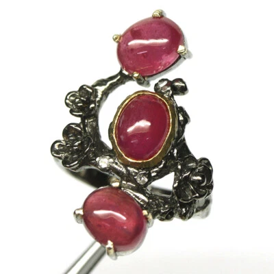 Gemstone 7 x 9 mm. Red Ruby Vintage Ring 925 Silver Black Gold Size 8.25 - Image 1 of 4
